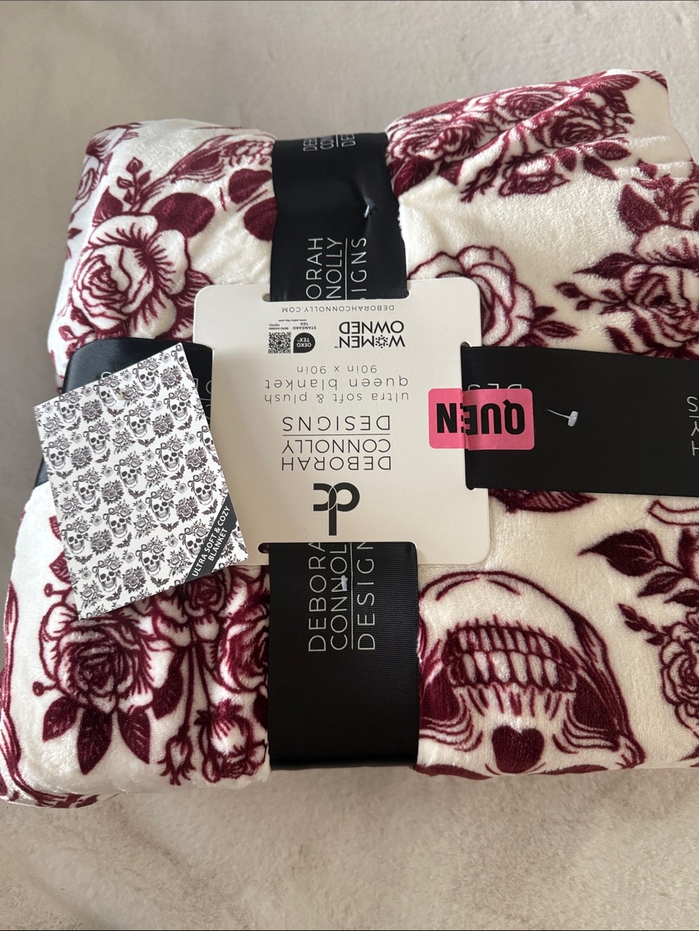Halloween Queen Plush Blanket - White w/Burgundy Floral bats and skulls